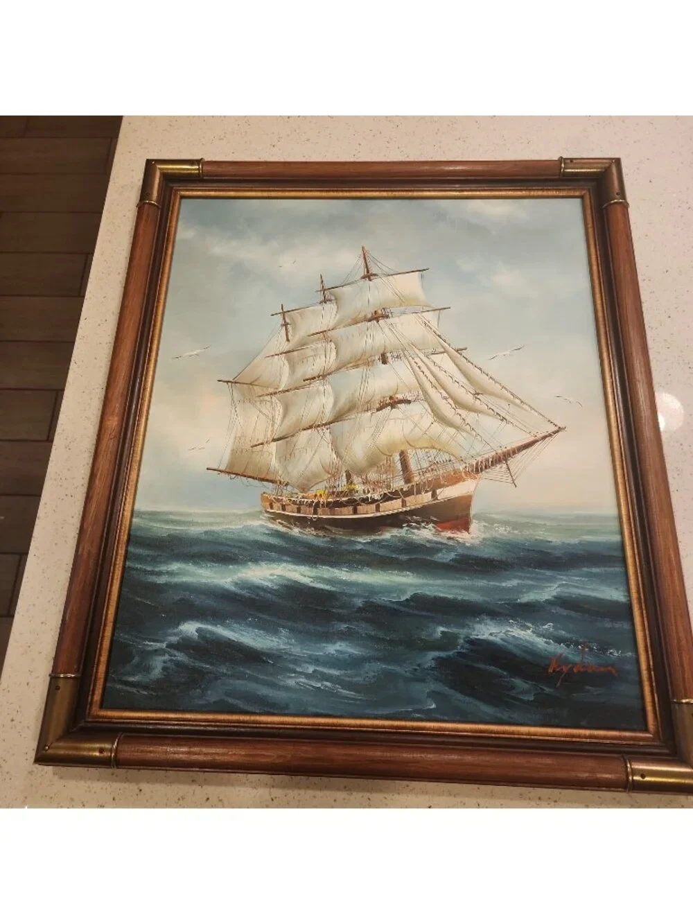 Vintag Framed Oil Painting Art Hydan Nautical Painting Seascape Ocean Ship 27x23